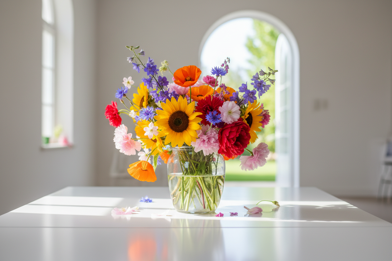 Jar with bright flowers on white table