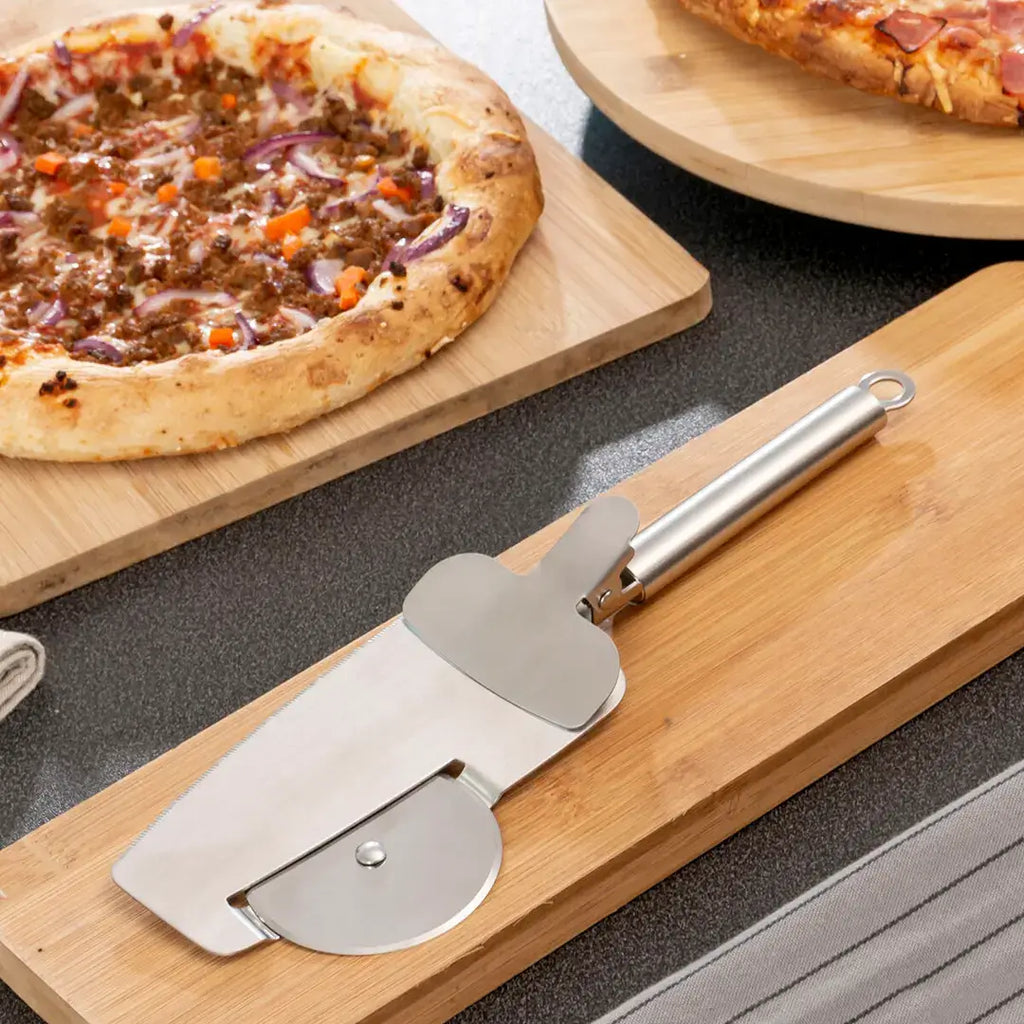 4-in-1 Stainless Steel Pizza Cutter with Serving Scoop and Safety Clamp