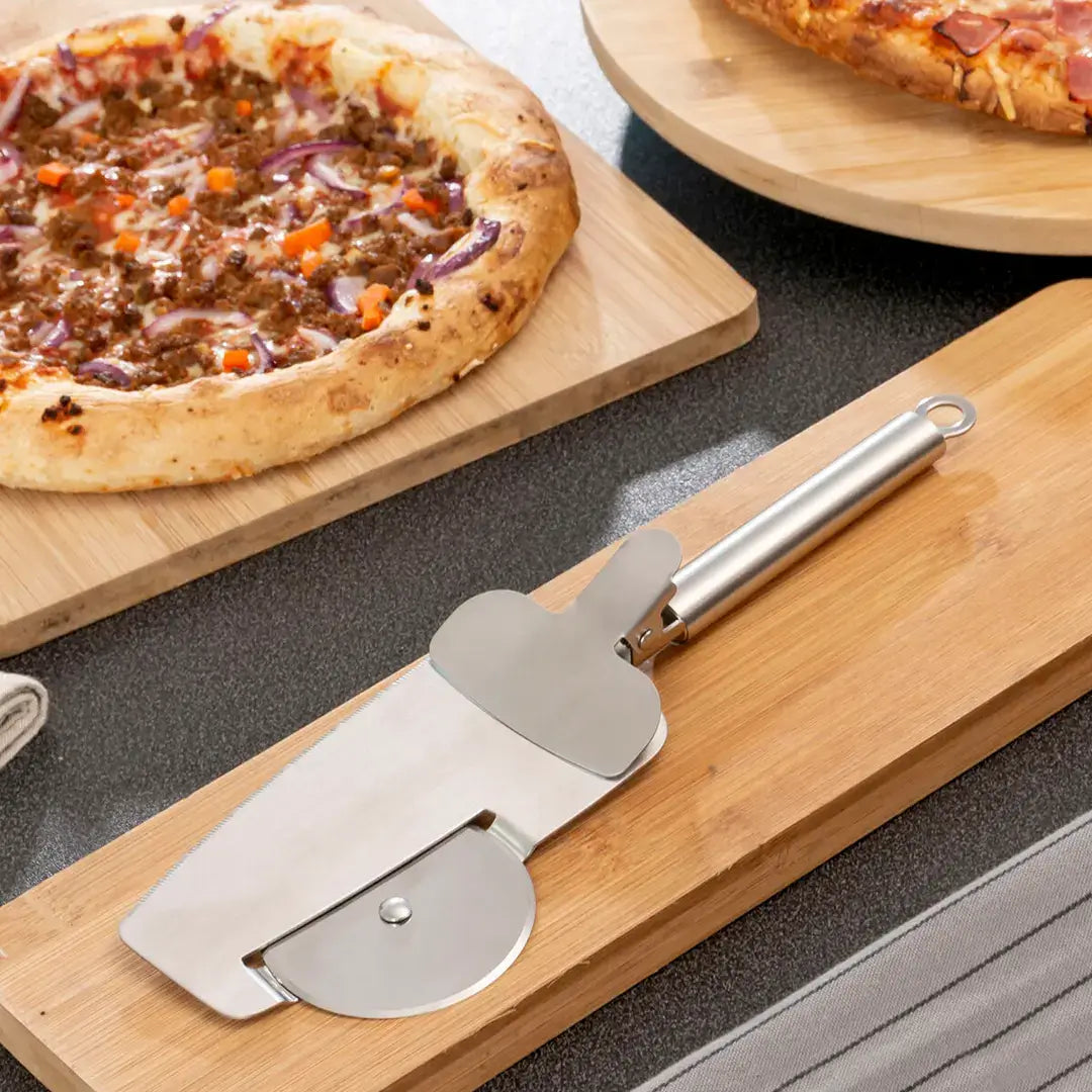 4-in-1 Stainless Steel Pizza Cutter with Serving Scoop and Safety Clamp