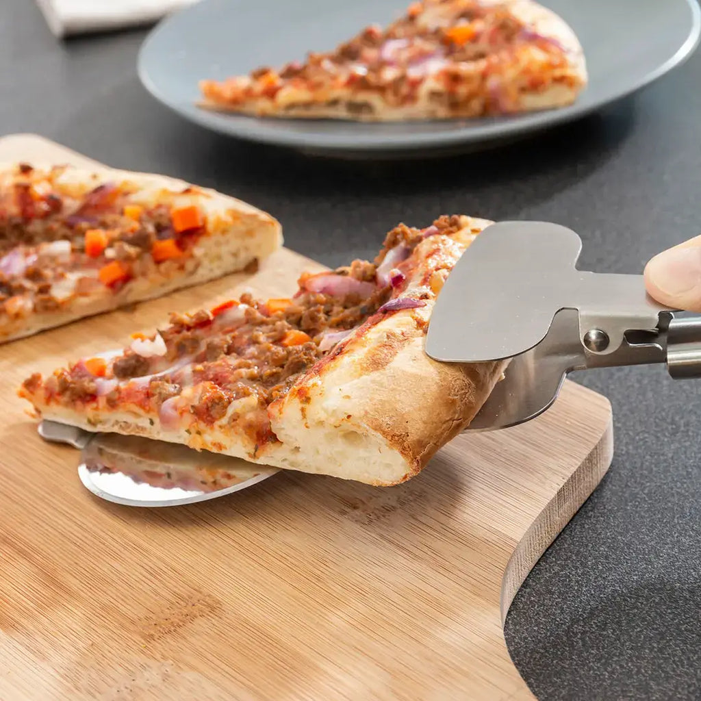 4-in-1 Stainless Steel Pizza Cutter with Serving Scoop and Safety Clamp